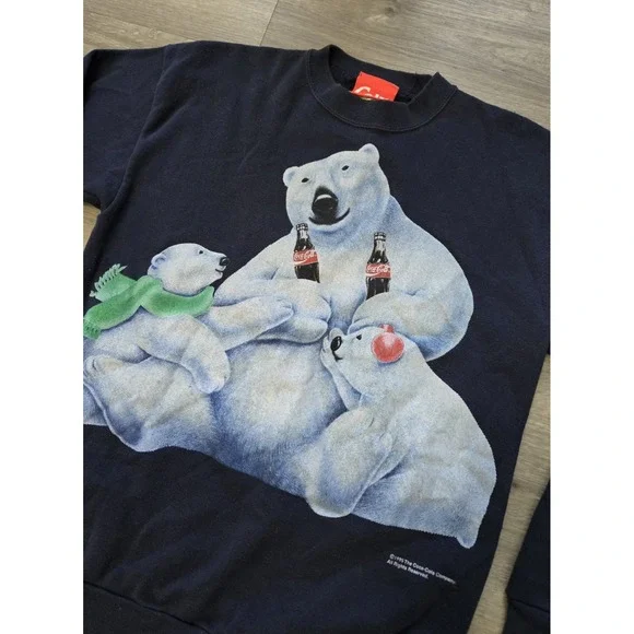 Vintage Coca-Cola Polar Bear Sweatshirt Medium Navy Crewneck 1995 90s - Picture 4 of 12